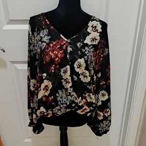 Umgee Black Floral Sheer V-Neck Blouse